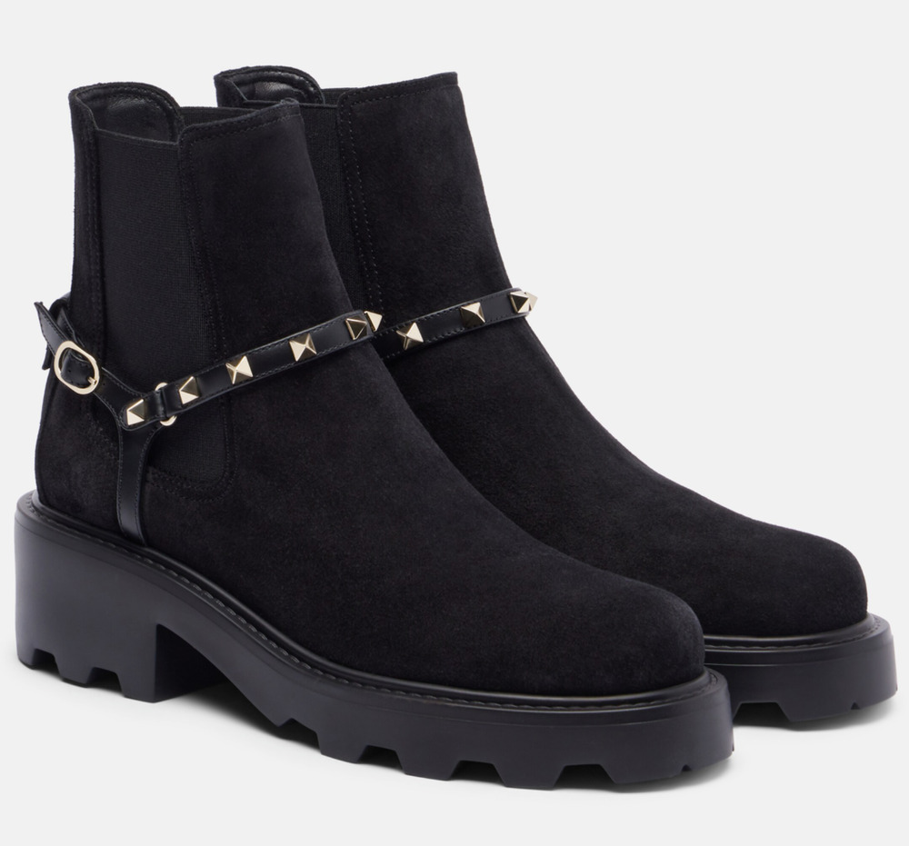 Valentino Rockstud Beatle Black Suede 55mm Short Ankle Flat Chelsea Boot 36